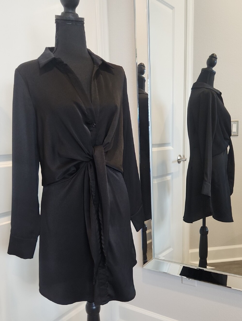 Black Midi Tie-Front Shirt Dress